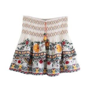 Boho Floral Embroidered Stretchy Waist Ruffle Mini Skirt